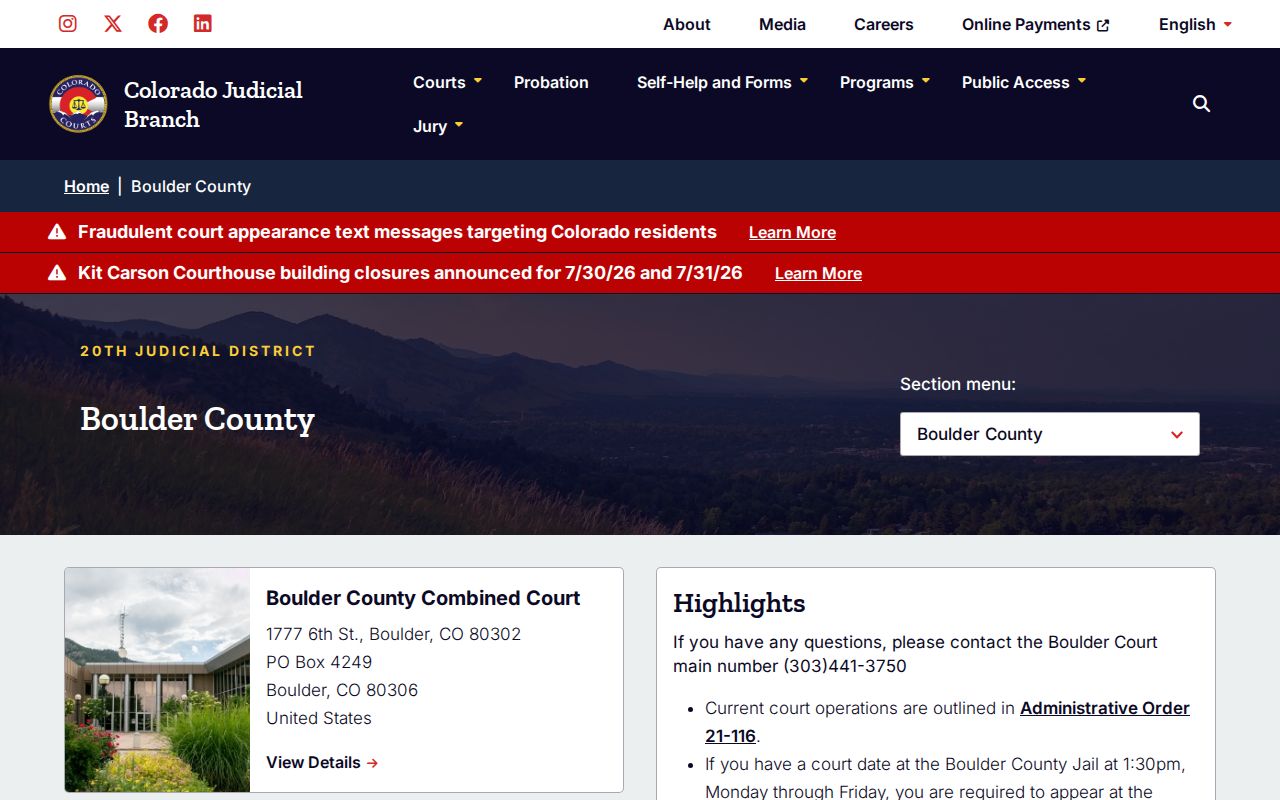 Boulder County court records 20th Judicial District page