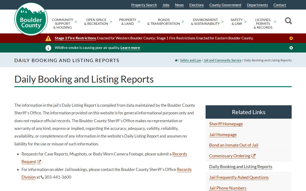 Boulder County inmate records daily booking and listing reports
