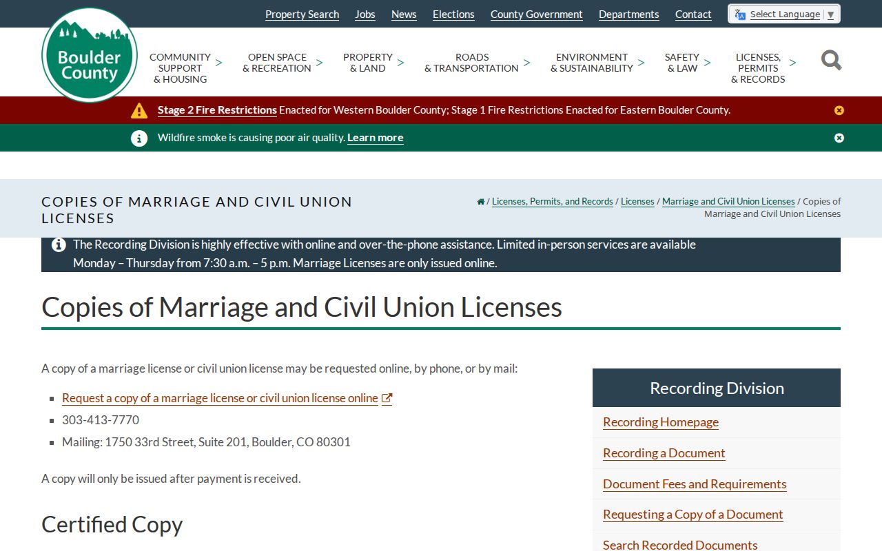 Boulder County marriage records certified copy request options