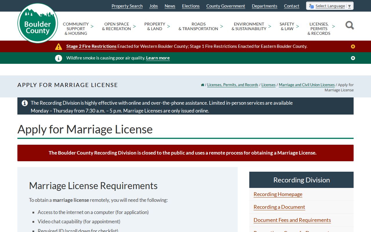 Boulder County marriage records online application process