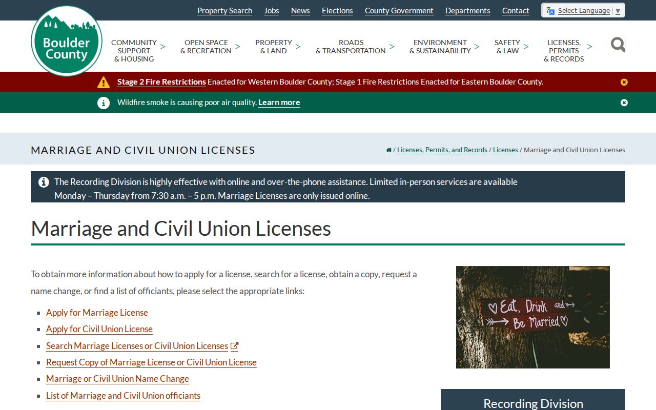 Boulder County marriage records and civil union license page