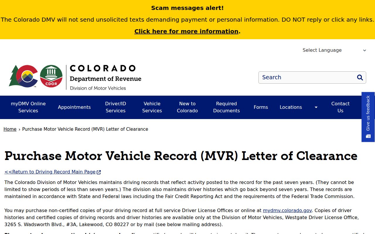 Boulder County traffic court records Colorado DMV MVR purchase instructions