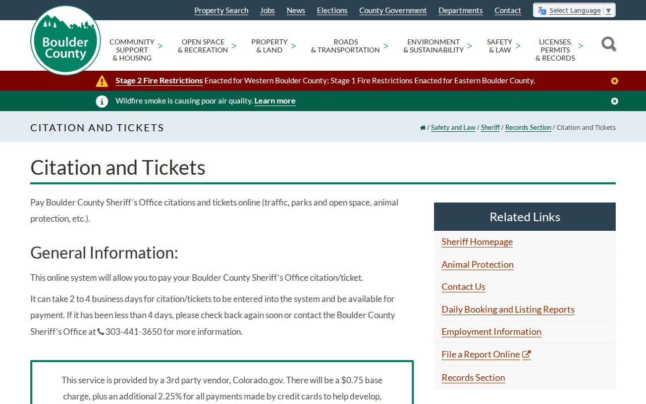 Boulder County traffic court records sheriff citation payment page