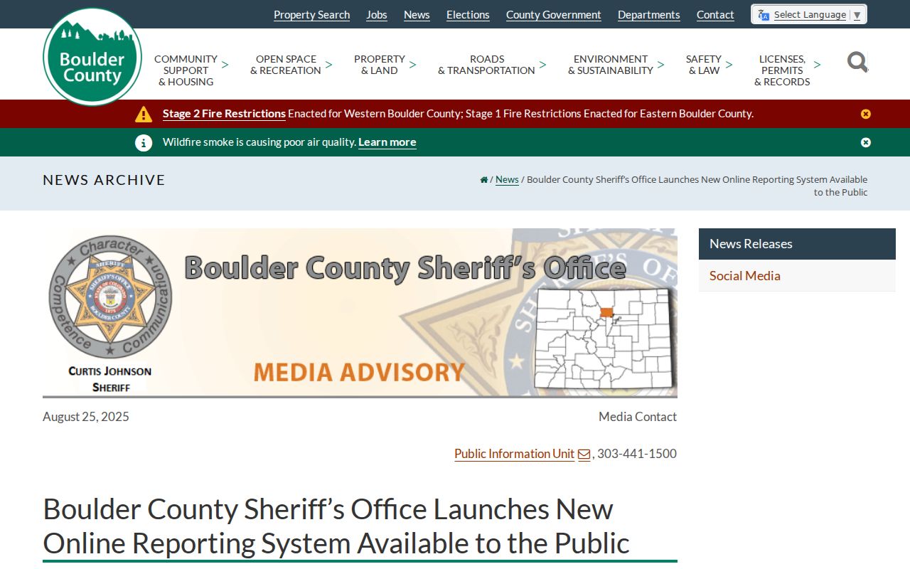 Boulder County warrant records sheriff online reporting system
